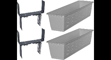 Set van 5 kunststof plantenbakken grijs rechthoekig 60 cm met 10 verstelbare balkon/muurbeugels
