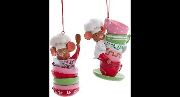 Kurt S. Adler Kerstornament - Muisjes in de Keuken - set van 2 - roze rood groen - 8cm