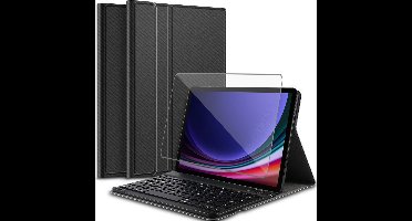 Hoes met toetsenbord geschikt voor Samsung Galaxy Tab S10 Ultra / S9 Ultra / S8 Ultra - Screen Protector GlassGuard - Keyboard Book Case Cover Hoesje Zwart & Screenprotector