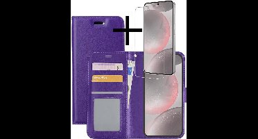 Hoesje - Met Screenprotector - Geschikt voor Samsung Galaxy S24 - Luxe Pasjeshouder - Bookcase Portemonee - Flip Case - Kunstleer Book Case - Flipcase - Book Cover - Walletcase - Portemonneehoes - Paars