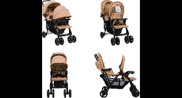 vidaXL Tweelingkinderwagen tandem staal taupe - Tandem Kinderwagen - Tandem Kinderwagens - Tweeling Kinderwagen - Tweeling Kinderwagens