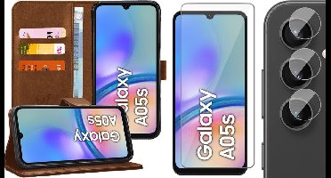 Hoesje geschikt voor Samsung Galaxy A05s - Screenprotector Glas & Camera - Portemonnee Book Case Bruin