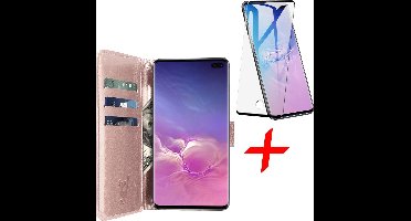 Hoesje geschikt voor Samsung Galaxy S10 Plus - Screen Protector FullGuard - Book Case Kunstleer Pasjeshouder Rosegoud & Screenprotector