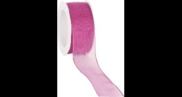 Wired organzalint Fuchsia 38 mm / 20 mtr. Organza lint met draad
