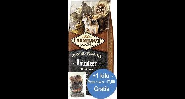 Carnilove Rendier adult (70% vlees) 12kg + 1kg pensstaafjes gratis twv 17,99
