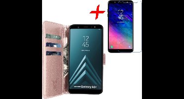 Hoesje geschikt voor Samsung Galaxy A6 Plus 2018 - Screen Protector GlassGuard - Book Case Kunstleer Pasjeshouder Rosegoud & Screenprotector