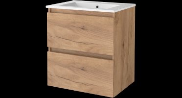 Basic Start 46 badmeubelset met greeploze wastafelonderkast met 2 lades en porseleinen wastafel met 1 kraangat 60 x 46 cm, whisky oak