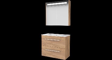 Basic Premium 39 badmeubelset met spiegelkast met geïntegreerde LED verlichting, wastafelonderkast met grepen, 2 lades en porseleinen wastafel met 1
