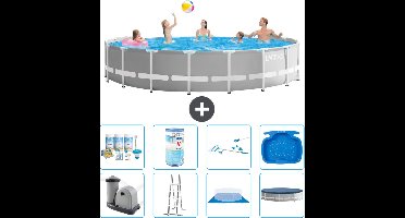 Intex Rond Prism Frame Zwembad - 548 x 122 cm - Grijs - Inclusief Pomp - Ladder - Grondzeil - Afdekzeil Onderhoudspakket - Filter - Schoonmaakset - Voetenbad