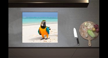 Inductieplaat Beschermer - Blauwe, Gele en Groen Gekleurde Are Papegaai op Wit Strand bij Oceaan - 59x51 cm - 2 mm Dik - Inductie Beschermer - Bescherming Inductiekookplaat - Kookplaat Beschermer van Wit Vinyl