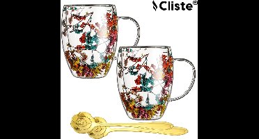 Cliste Dubbelwandige Koffieglazen Set van 4x Met Oor en Gratis 4x Lepels - 400ML - Handgemaakt Glas - Echt Gedroogd Bloemenglas - Latte Macchiato Glazen - Dubbelwandige Theeglazen - Cappuccino Glazen - Koffieglazen