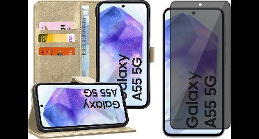 Hoesje geschikt voor Samsung Galaxy A55 - Privacy Screenprotector Volledig Dekkend Glas - Portemonnee Book Case Goud