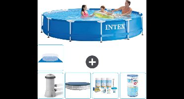Intex Rond Frame Zwembad - 366 x 76 cm - Blauw - Inclusief Pomp Afdekzeil - Onderhoudspakket - Filter - Grondzeil - Solar Mat