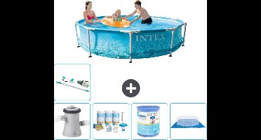 Intex Rond Frame Zwembad - 305 x 76 cm - Waterprint - Inclusief Pomp Onderhoudspakket - Filter - Grondzeil - Stofzuiger