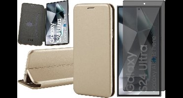 Hoesje geschikt voor Samsung Galaxy S24 Ultra - Privacy Screenprotector Volledig Dekkend Glas - Wallet Book Case Goud