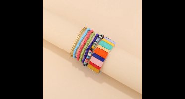 Armband - SET van 6 - Armband Dames - Polsbandjes - Armbanden - Multicolor - Armbanden Set - Kralen Armband Dames - Vrolijke Armbanden - Mode Accessoires - Sieraden Dames - Goudkleurig Paars Roze Groen Blauw Okergeel