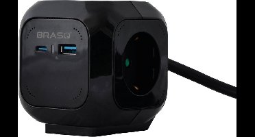 BRASQ Stekkerdoos met USB Zwart - 4-voudig incl. 1 USB en 1 USB-C - Powercube - Stekkerblok - Verdeelstekker - Reisstekker - 1,4 meter