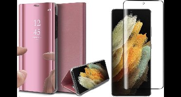 Hoesje geschikt voor Samsung Galaxy S21 Ultra - Screen Protector GlassGuard - Book Case Spiegel Roségoud & Screenprotector