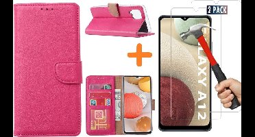 Hoesje Geschikt Voor Samsung Galaxy A12 hoesje wallet case Roze - Galaxy A12 hoesje bookcase Portemonnee- Galaxy A12 Hoesje book cover hoesjes met 2 pack Screenprotector