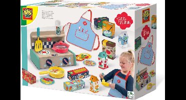 SES - Petits Pretenders - Mega keuken set - houten keuken en schort - inclusief pannen, gerechten en supermarkt producten