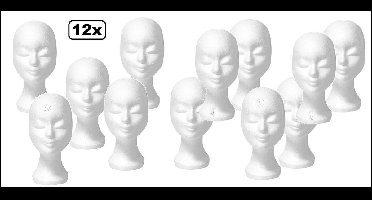 12x Pruiken houder tempex wit (styropor) - pruik hoofd thema feest festival schuim masker hoed