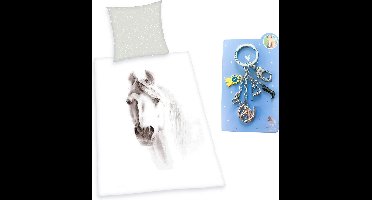 Dekbedovertrek getekend Paard- 1 persoons, katoen- 140x200- incl. 5 delige metalen sleutelhanger