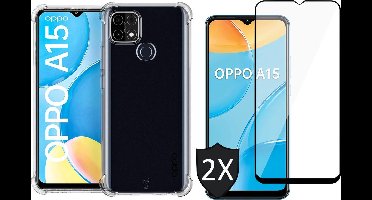 Hoesje geschikt voor Oppo A15 Transparant Shock Proof Case + 2x Screen Protector Glas Full Screen