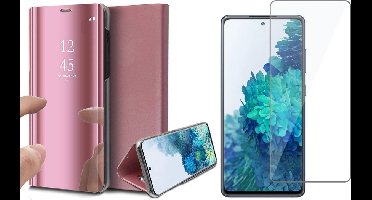 Hoesje geschikt voor Samsung S20 FE en Screenprotector - Book Case Spiegel Wallet Rosegoud + Screen Protector Glas