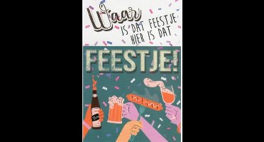 Waar is dat feestje… Hier is dat feestje! Een gezellige kaart met feestgangers die een biertje en snacks nemen op jouw verjaardag. Een kaart om zo te geven of om bij een cadeau te voegen. Een dubbele wenskaart inclusief envelop en in folie verpakt.