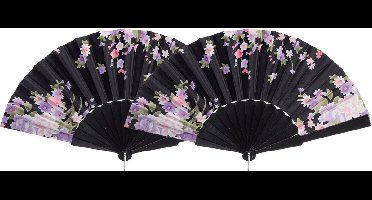 Cepewa Handwaaier/spaanse waaier Flowers - 2x - zwart - 30 cm - Verkoeling zomer