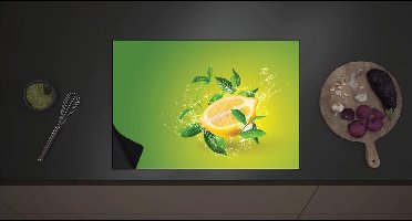 Inductie Beschermer - Citroen en Groene Bladeren tegen Lichtgroene Achtergrond - 70x52 cm - 2 mm Dik - Inductieplaat Beschermer met zwarte kern
