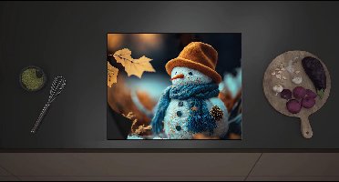 Inductie Beschermer - Sneeuwpop met Bruine Hoed en Blauwe Sjaal tussen de Herfstbladeren - 60x52 cm - 2 mm Dik - Inductieplaat Beschermer met zwarte kern