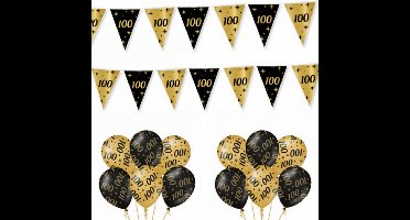 100 Jaar Versiering Classy Black-Gold Feestpakket - 100 Jaar Decoratie - Ballonnen En Slingers Zwart Goud