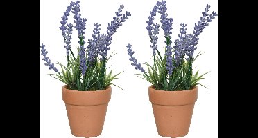 Eerlands lavendel kunstplant in pot - set 2x - lila paars - D6 x H18 cm