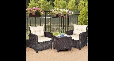 3-delige Rotan Tuinmeubelset met Tafel en Kussens – Balkon Loungeset voor 2 Personen – Weerbestendig Polyrotan – Stoelen 67×67×76 cm & Tafel 50×50×50 cm – Luxe Comfortset – Altameubel