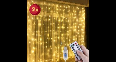 Set van 2 Lichtgordijnen - LED Kerstverlichting - 3x3 meter - 300 LED - Warm Wit - Afstandsbediening - USB aansluiting - Sfeerverlichting