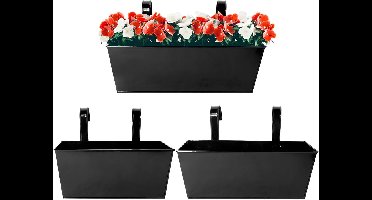 Boraboi® Set van 3 metalen hangende bloempotten voor balkon en tuin met afneembare haken, Metaal, Zwart, 40,5 x 13 x 13 cm