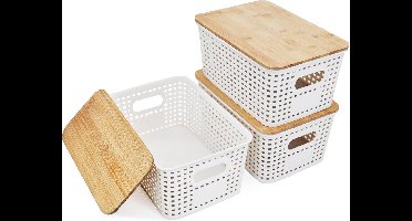 Set van 3 Stapelbare Opbergdozen met Bamboe Deksel - Wit Kunststof Mand voor Divers Opbergen