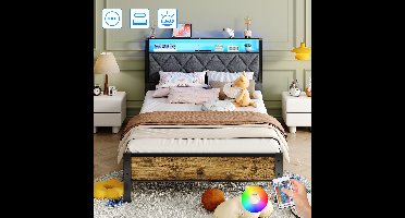 Eenpersoonsbed 90x200 cm - Stevig Metalen Bedframe - Jeugdbed met LED Verlichting - Stopcontacten, USB & Type-C Poorten - Hoofdbord met Opbergruimte - Donkergrijs Linnen - Modern & Duurzaam Design