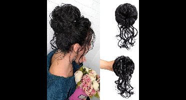 2 stuks Klauwclip, rommelige knot, haarstuk, warrige opgestoken knot, extensie, elastische haarband, scrunchie voor vrouwen (natuurlijk zwart)