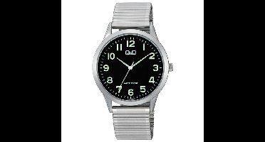 Q&Q-herenhorloge-rekbare stalen band-flexibele band-zilverkleurig-neon indexen-zwarte wijzerplaat-5 atm waterdicht-diameter 40 mm