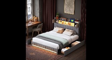 ADFBL Bed met 4 Lades 140x200cm - Bed met Opbergruimte & Kastjes in Hoofdbord - RGB LED Verlichting (Siliconen) - Laadstation (USB & Type-C) - Tweepersoonsbed - Grijs Linnen