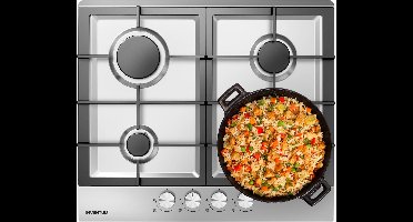 Inventum IKG6023GRVS inbouw gaskookplaat 59 cm - 4-pits - Gietijzeren pandragers - Geïntegreerde vonkontsteking - Geschikt voor Nederlands gas - Na ombouw ook geschikt voor Belgisch gas en propaan/butaan - RVS/Zwart