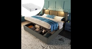 Tienerbed 140x200 PU met matras - 620 veren 2 lagen schuim - Leeslampje flexibel verstelbaar - Oplaadfunctie geïntegreerd - Ijzer hoofdframe 300 kg draagvermogen - Hydraulische lift opbergruimte - Oeko-Tex Standard 100 hypoallergeen