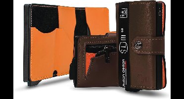 SLim ® Creditcardhouder voor heren en dames, van leer en koolstofvezel, Donkerbruine kop met oranje binnenkant met ritssluiting, SLim creditcardhouder