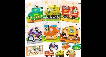 LEcylankEr Puzzel van 1, 2, 3, 6 stuks, houten puzzel voor kinderen, dinosaurus/auto, steekpuzzel 1, 2, 3 jaar, Montessori speelgoed, cadeaus voor jongens en meisjes (auto)