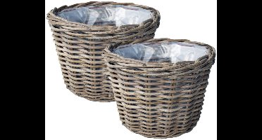 Van Der Leeden Planten of bloemen mand - 2x - rond - rotan - gevlochten riet - D30 x H27 cm - plantenmand - bloempot - bloemenmand