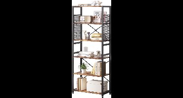 6-laagse boekenplank industriele opbergrek met X-vormige frames en metalen gaas zijpanelen