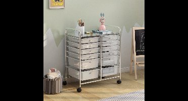 Roller trolley – Ladewagen – Opbergwagen – Rolcontainer – Opbergtrolley – 12 Laden – Metalen Frame – Werkblad – Wit