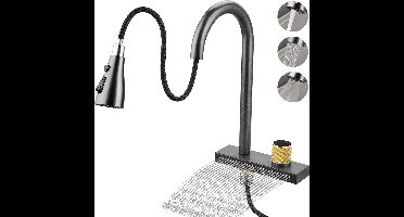 Hogedruk keukenkraan, keukenkraan met 4 standen, 360° draaibaar (uittrekbare uitloop, 304 roestvrij staal, G3/8 aansluiting, watervalstand) voor enkele en dubbele spoelbakken.